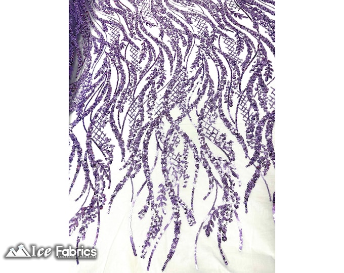 Lavender Beaded Lace Fabric By The Yard | Embroidered Mesh Sequin Fabric with Beaded Fabric | for wedding Dress, Prom Dress and more