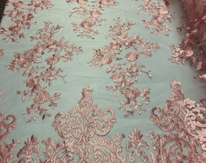 Pink Floral Flower Mesh Lace Embroidery Design Fabric By The Yard For Tablecloths, Wedding Prom Dresses, Night gowns, Skirts, Runners