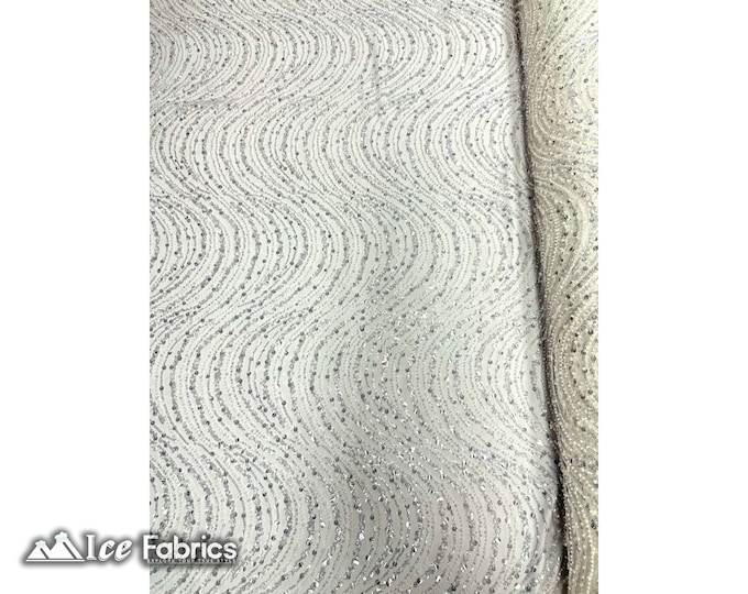 Off White Wavy Embroidered Beaded Sequin Fabric By The Yard | Lace Beaded Fabric On Mesh Fabric | Fashion Fabric | Dress Wedding