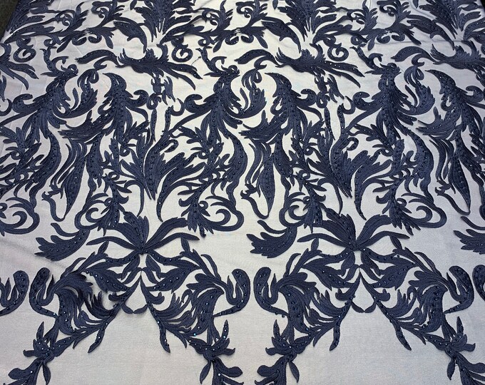 ONE Yard Mesh Lace Embroidered Fabric Leafs Design With Stones (Navy Blue) High Quality Lace For Wedding/Prom/ Night Gowns Dress/ Fashion.