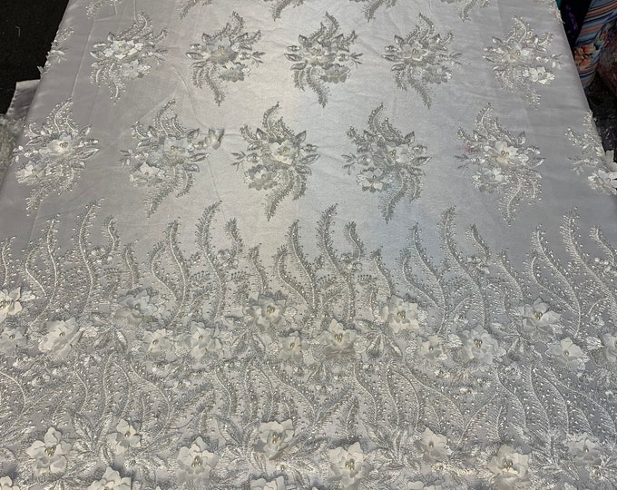 New 3D Beaded Flowers Hand Embroidered Floral Mesh Lace With Sequins By The Yard (White) For Prom Dresses/Tablecloths/Runners/Night Gowns
