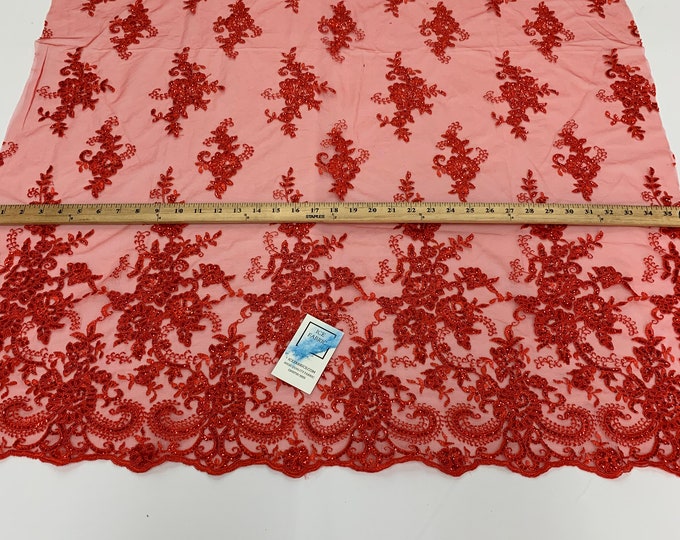 Bridal Fabric//Red Lace// Mesh Lace Floral/Flowers Fabric Sold By The Yard// Embroidered French Sequins Lace// Prom Fabric, Dresses, Gowns