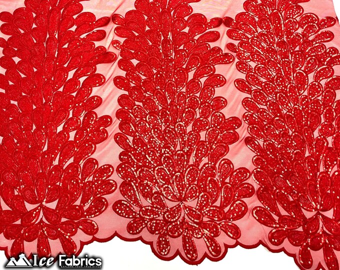 Red Vegas Peacock Embroidery Lace Sequin Fabric | on 2 Way Stretch Mesh | Sold By 3 Panels | (34” Length) (54” Wide)