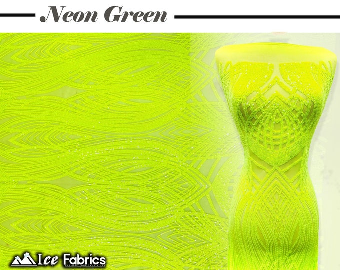 Peacock Neon Green 4 Way Stretch Sequins Fabric By The Yard  Neon Green Mesh nylon Spandex Fabric | With Embroidery Sequin Lace