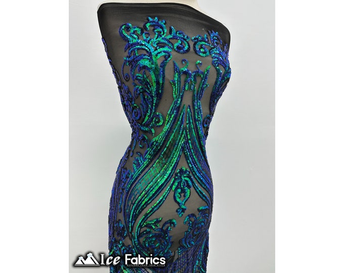 Emerald Green Iridescent Damask Sequin Fabric By The Yard | Black Mesh 4 Way Stretch Sequin Fabric | 60” Wide | Embroidered Lace Fabric |EGP