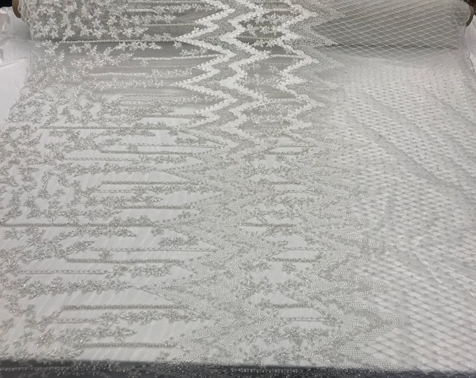 NEW Ivory Transparent embroidered Beaded Design on Mesh Laces Fabric by the yard prom wedding dresses, decorations, tablecloths, top Fashion