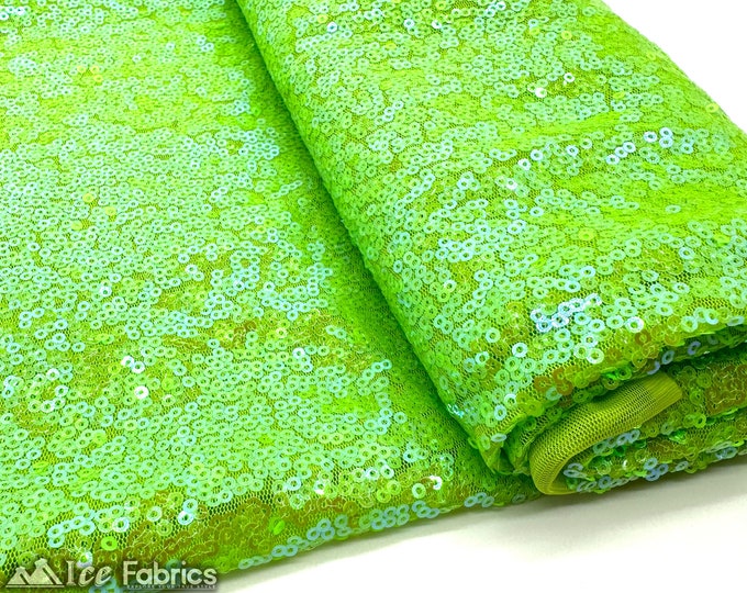 Luxury Iridescent Lime Green Mini Sequin Fabric By The Yard on Mesh Fabric | Glitter Sequin Fabric | 3mm Sequin Fabric
