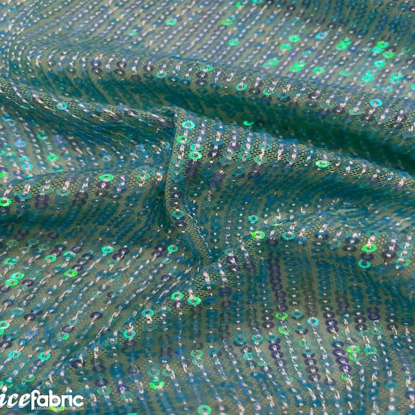 Elegant Iridescent Aqua Elegant Mini Sequin Fabric By The Yard | 2 Way Stretch Mesh Fabric | Horizontal Stretch | Embroidery All Over Sequin