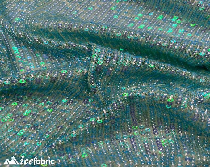 Elegant Iridescent Aqua Elegant Mini Sequin Fabric By The Yard | 2 Way Stretch Mesh Fabric | Horizontal Stretch | Embroidery All Over Sequin
