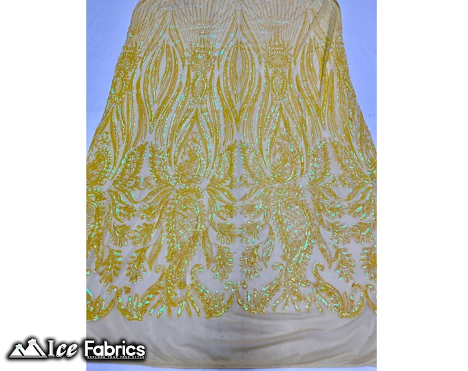 Loyalty Iridescent Yellow Sequin Fabric By The Yard | Lace Embroidery Fabric | Sequin Lace on 4 Way Stretch Mesh