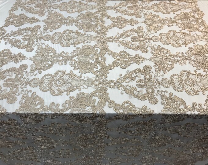 Champagne Design Embroidered Mesh Lace Fabric By the Yard For Wedding/Prom Dresses/ Decorations/ Tablecloths/ Runners /Skirts/ Night Gowns