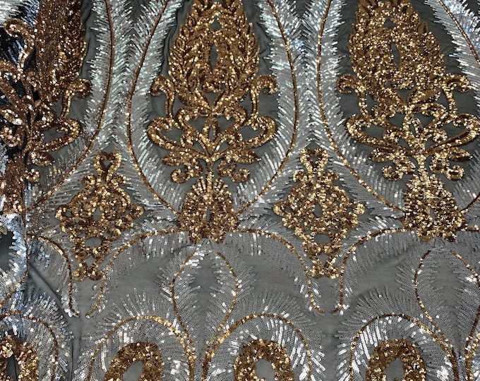 Black,Gold// French Luxury Sequins 4 WAY Stretch Sequins Spandex Power Mesh Lace Fabric Sold By The Yard// Embroidered Floral Lace//Dresses