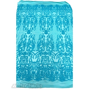Gorgeous Aqua Stretch Spandex Sequin Fabric By The Yard | Embroidery Fabric On 4 Way Stretch Mesh Fabric | Lace Fabric