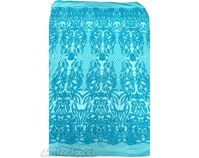 Gorgeous Aqua Stretch Spandex Sequin Fabric By The Yard | Embroidery Fabric On 4 Way Stretch Mesh Fabric | Lace Fabric