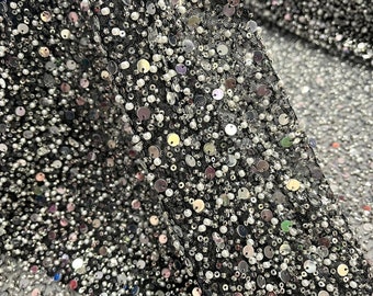 Classic Embroidery Beaded Fabric With Sequin Fabric By The Yard | Silver Sequin on Black Mesh Fabric |Handmade Lace | All Over Beads on Mesh