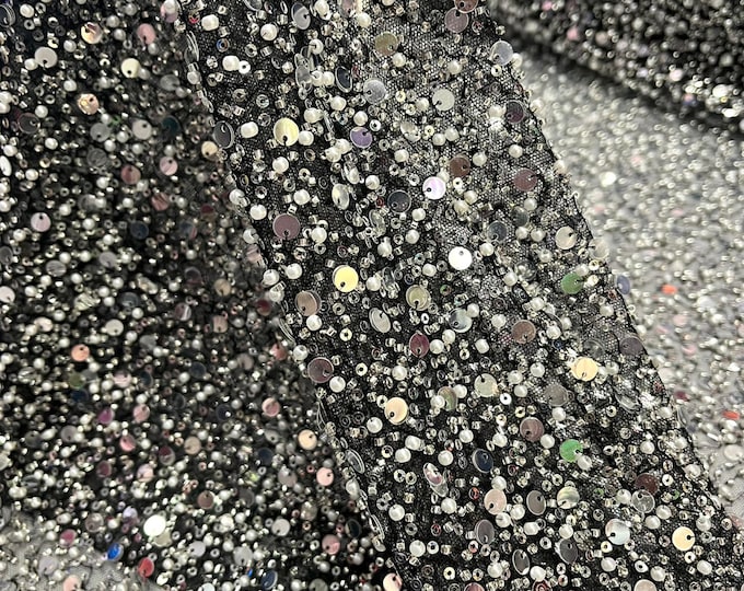 Classic Embroidery Beaded Fabric With Sequin Fabric By The Yard | Silver Sequin on Black Mesh Fabric |Handmade Lace | All Over Beads on Mesh