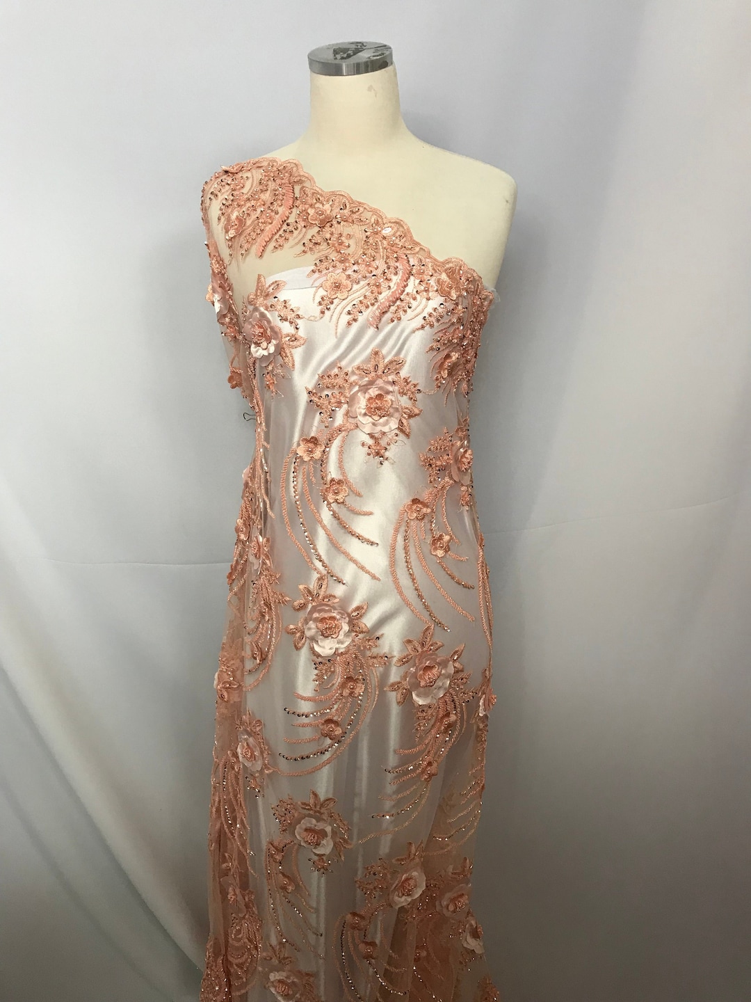 Peach Design Beaded Transparent Wedding Prom Dresses by the Yard Mesh