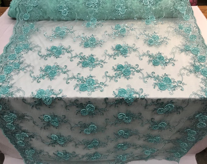 Mint Embroidered mesh lace Flower Design with sequins by the yard. Floral wedding prom dress, tablecloths, runners, skirts,customs, decor