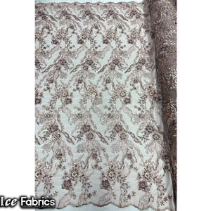 Floral Dusty Rose Beaded Fabric By The Yard | Embroidery Sequin Fabric On Mesh Fabric for Dresses