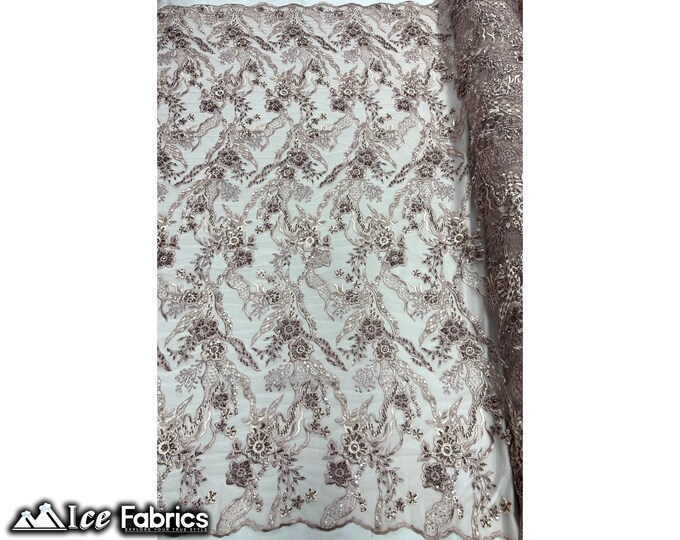 Floral Dusty Rose Beaded Fabric By The Yard | Embroidery Sequin Fabric On Mesh Fabric for Dresses