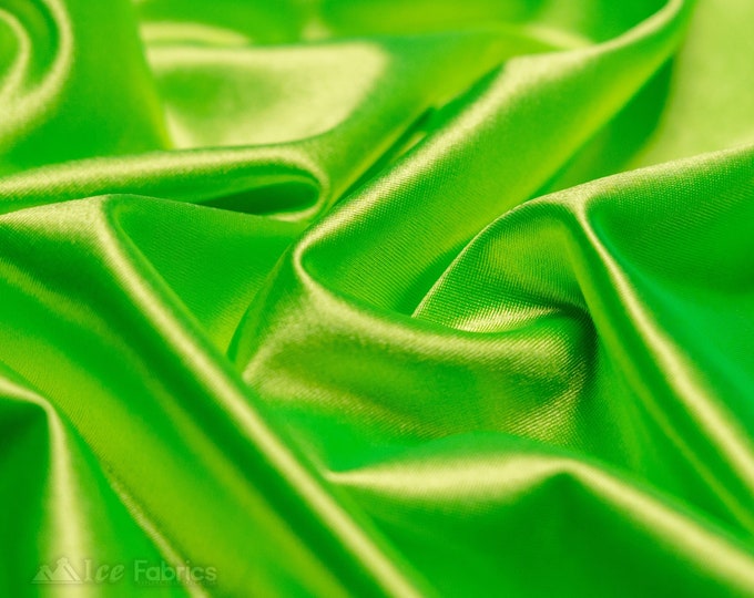 Neon Lime Green 4 way stretch Silky Spandex Satin Fabric By The Yard | Shiny Satin Fabric | 60” Wide | Thick and Heavy Satin Spandex