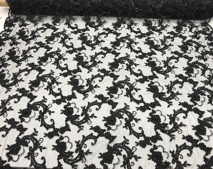 Black Design Beaded Mesh Lace Fabric Bridal Wedding Sold By Yard clothing, jackets, dresses,skirts, applications, table covers, runners