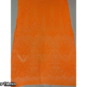 Neon Orange 4 Way Stretch Sequin fabric by the yard | Embroidery Lace Fabric On Mesh Spandex Sequin Fabric