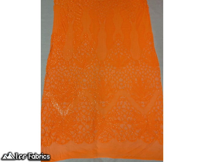 Neon Orange 4 Way Stretch Sequin fabric by the yard | Embroidery Lace Fabric On Mesh Spandex Sequin Fabric