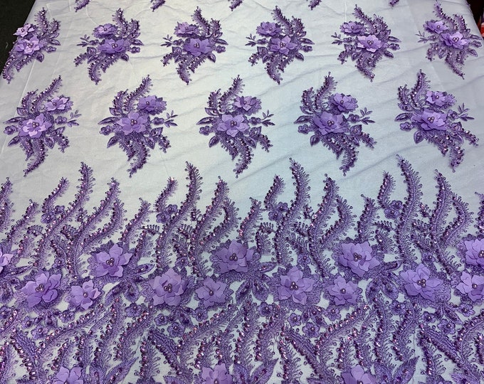 New 3D Beaded Flowers Hand Embroidered Floral Mesh Lace With Sequins By The Yard (Lavender) For Prom Dresses/Tablecloths/Runners/Night Gowns