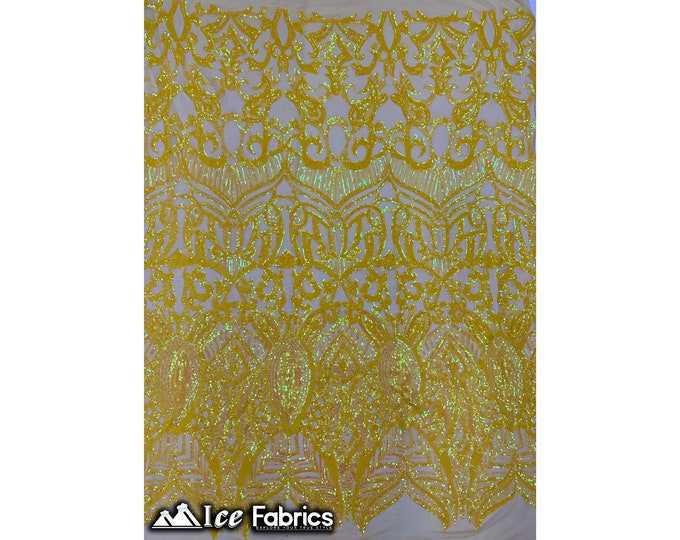 Luxury Sequin Fabric By The Yard | Iridescent Yellow Power mesh | 4 Way Stretch Lace Fabric | Prom Dress (B I G)