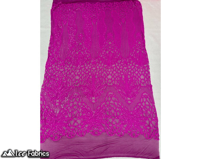 Fuchsia 4 Way Stretch Sequin fabric by the yard | Embroidery Lace Fabric On Mesh Spandex Sequin Fabric