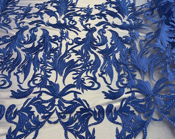 ONE Yard Mesh Lace Embroidered Fabric Leafs Design With Stones (Royal Blue) High Quality Lace For Wedding/Prom/ Night Gowns Dress/ Fashion.
