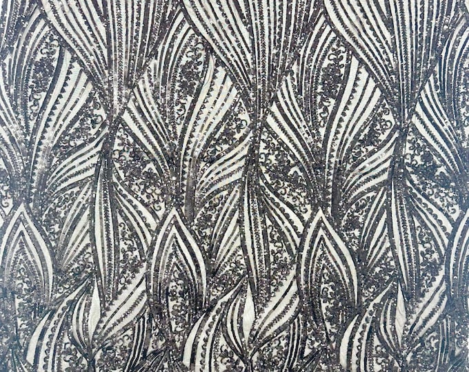 Black Damask Stretch Sequin Fabric By The Yards (MT) Embroidery Sequin Mesh Fabric Prom Dress Fabric
