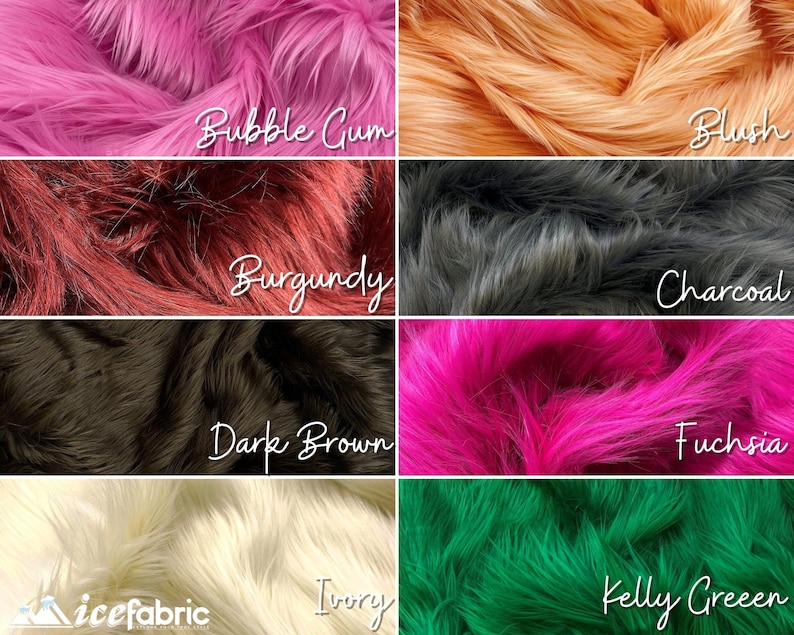 Op de afbeelding: Een raster van acht stalen van langharige imitatiebontstof in verschillende kleuren, gelabeld Bubble Gum, Blush, Burgundy, Charcoal, Dark Brown, Fuchsia, Ivory en Kelly Green, met het icefabric-logo zichtbaar in de linkerbenedenhoek.