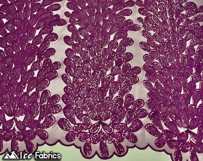 Plum Vegas Peacock Embroidery Lace Sequin Fabric | on 2 Way Stretch Mesh | Sold By 3 Panels | (34” Length) (54” Wide)
