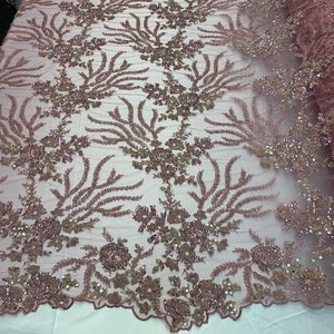 Beaded Mesh Lace Fabric By The Yard Embroidery Bridal Lace Handmade Floral Design With Big Luxury Flowers Sequins (Dusty Rose)