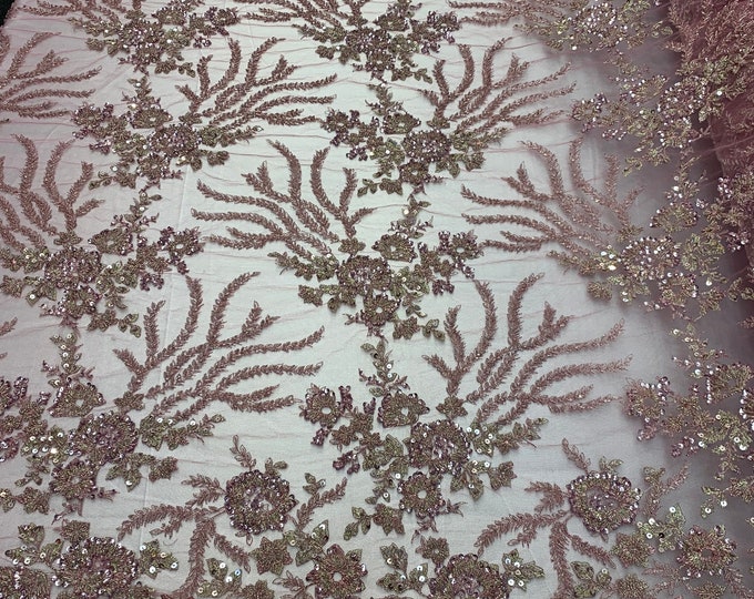 Beaded Mesh Lace Fabric By The Yard Embroidery Bridal Lace Handmade Floral Design With Big Luxury Flowers Sequins (Dusty Rose)