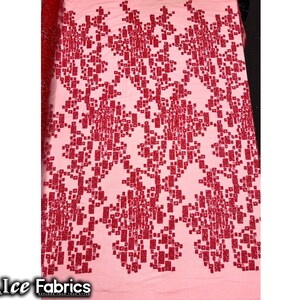 Scarlett Embroidered Beaded Fabric By The Yard | Hand beading Sequin Lace on Mesh | Red