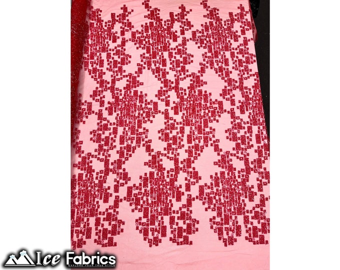 Scarlett Embroidered Beaded Fabric By The Yard | Hand beading Sequin Lace on Mesh | Red