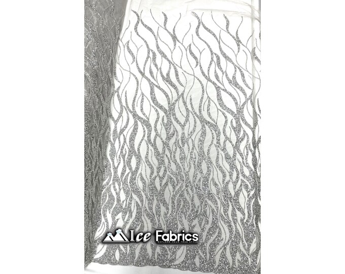Elegant Embroidery Silver Beaded Fabric By Yard | Heavy Handmade Lace Fabric on Mesh | Beaded with Sequin Fabric on Tulle Mesh (2626)