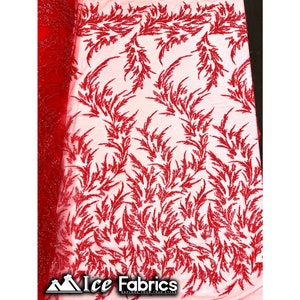 Modern Floral Hand Beading Lace Fabric | By The Yard | Red Beads with Sequin on Mesh Fabric