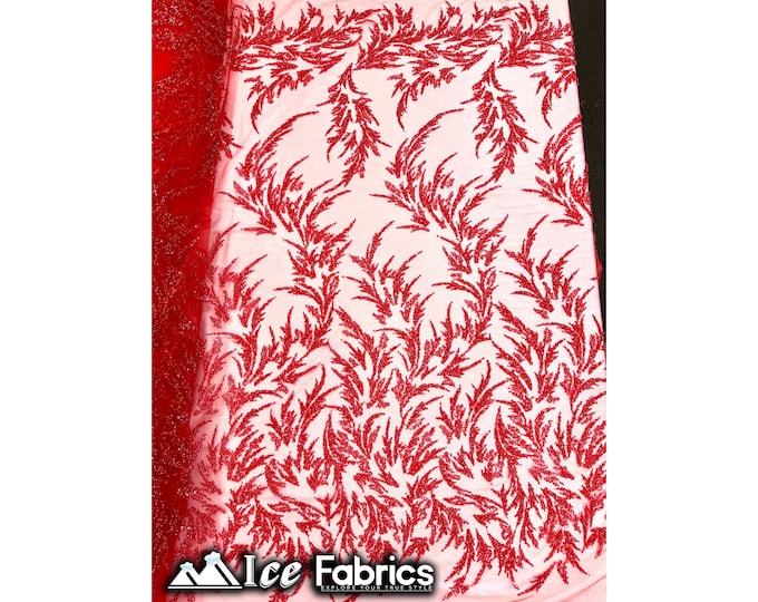 Modern Floral Hand Beading Lace Fabric | By The Yard | Red Beads with Sequin on Mesh Fabric