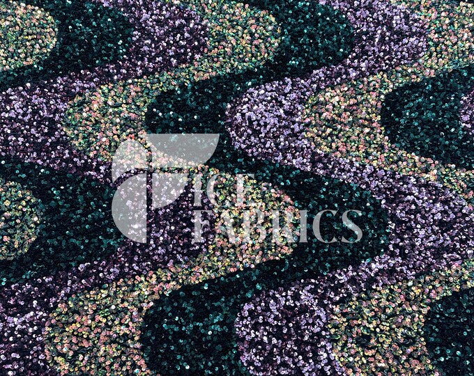 Wavy Sequin Stretch Velvet Fabric by The Yard - 60" Wide Hunter Green Orange Iridescent on Green Velvet for Apparel, Costume, Decor
