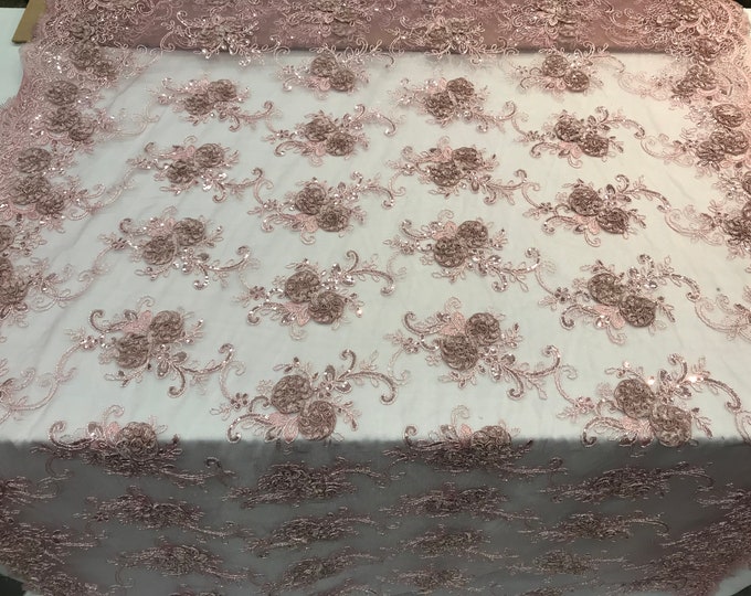 Dusty Rose Embroidered mesh lace Flower Design with sequins by the yard.Floral wedding prom dress, tablecloths, runners,skirts,customs,decor