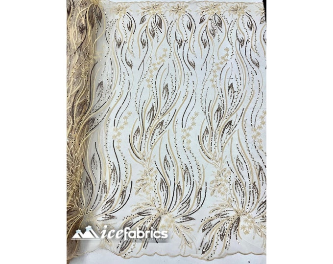 Rose Floral Beaded Fabric By The Yard | Gold Handmade Flower Embroidery Lace Fabric | Wedding Dress, Prom Dress