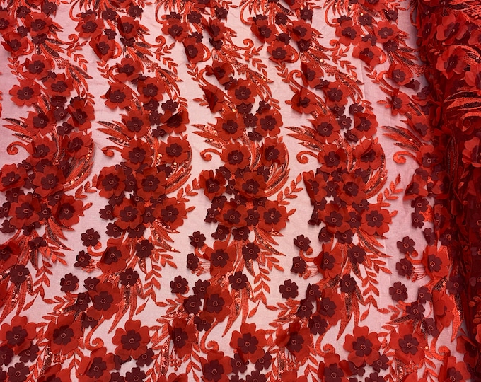 Red Veil Bridal Gowns//Mesh 3D Flowers Fabric Lace Fabric By The Yard_Sequins Flowers Embroidery Mesh Lace Floral Lace//FASHION SHOW