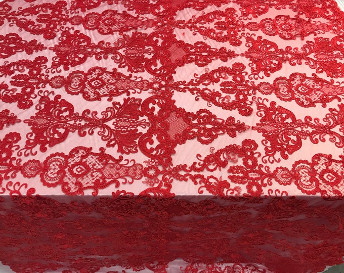 Red Design Embroidered Mesh Lace Fabric By the Yard For Wedding/Prom Dresses/ Decorations/ Tablecloths/ Runners /Skirts/ Night Gowns