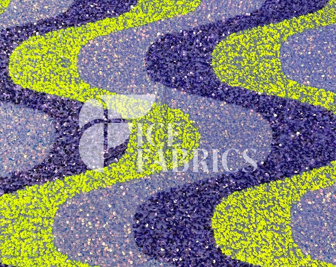 Wavy Sequin Stretch Velvet Fabric by The Yard - 60" Wide Lavender Neon Yellow on Lavender Velvet for Apparel, Costume, Decor