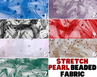 Stretch Pearls Beaded Fabric By The Yard | 7 Colors Available | 60” Wide Tulle Mesh Lace Fabric for Wedding Dress