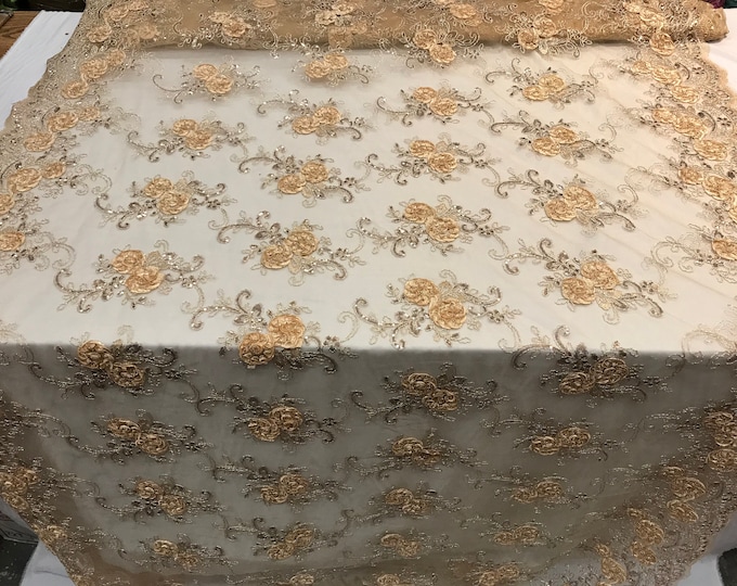 Champagne Embroidered mesh lace Flower Design with sequins by the yard.Floral wedding prom dress,tablecloths, runners, skirts,customs, decor